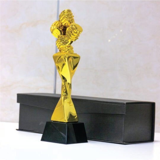 Award Trophy Hand Holding full gold with black base